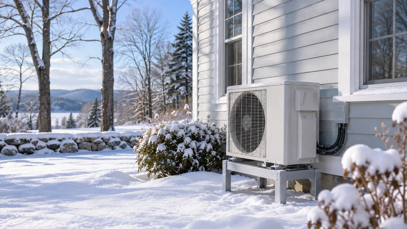 A mini-split outdoor unit in a snowy New England setting