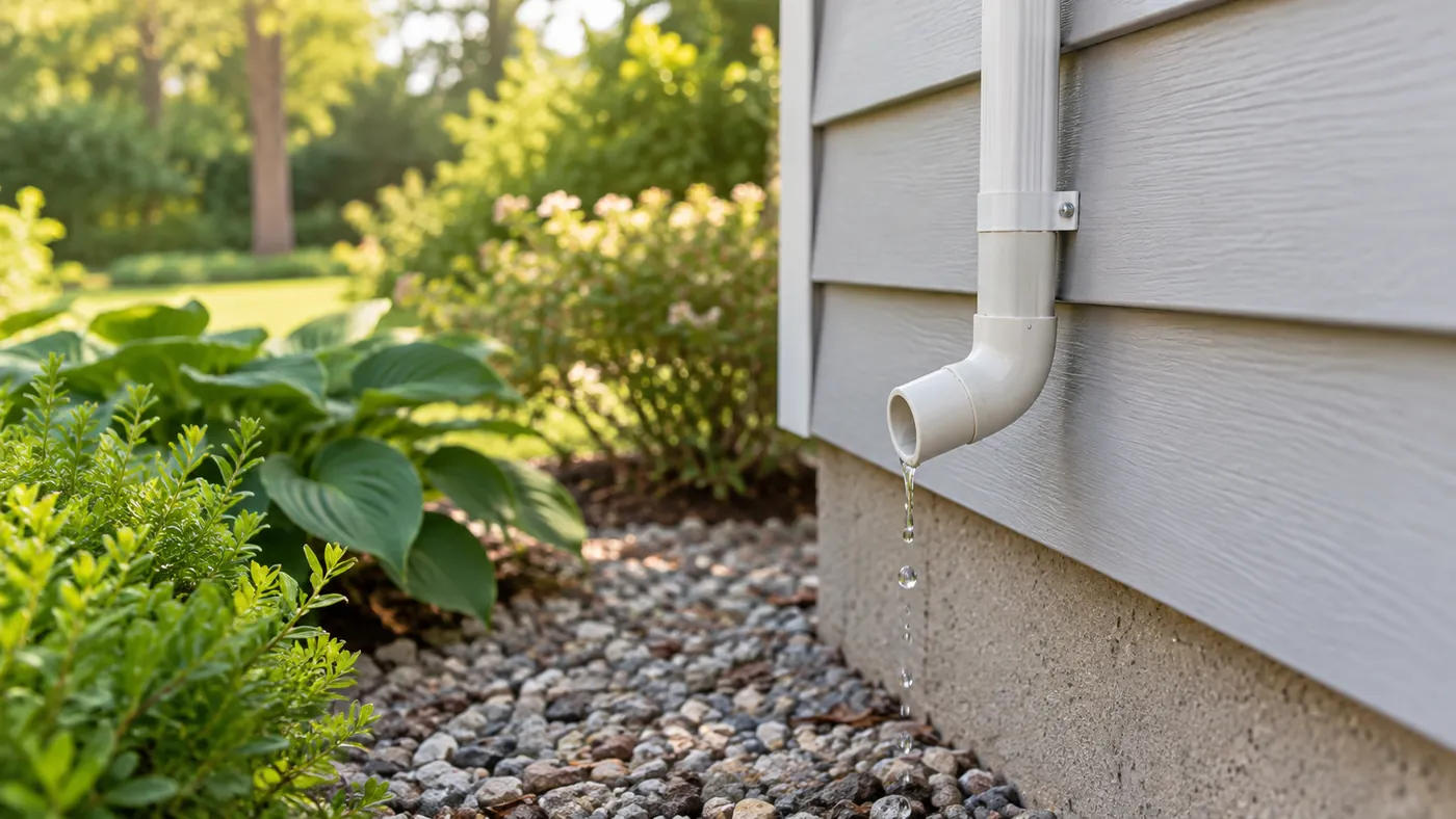 Detail of a mini-split condensate drain at a US home