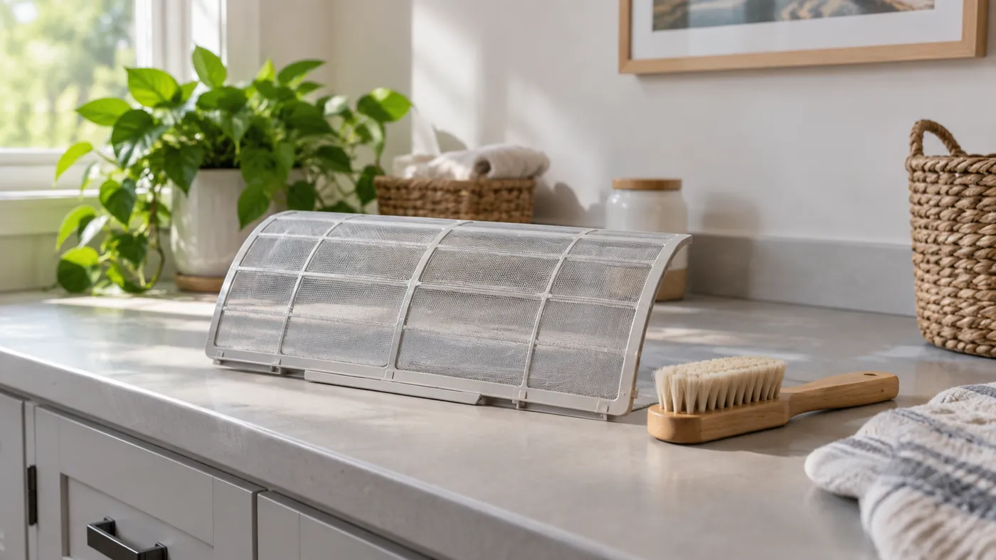 A washable mini-split filter prepared for cleaning