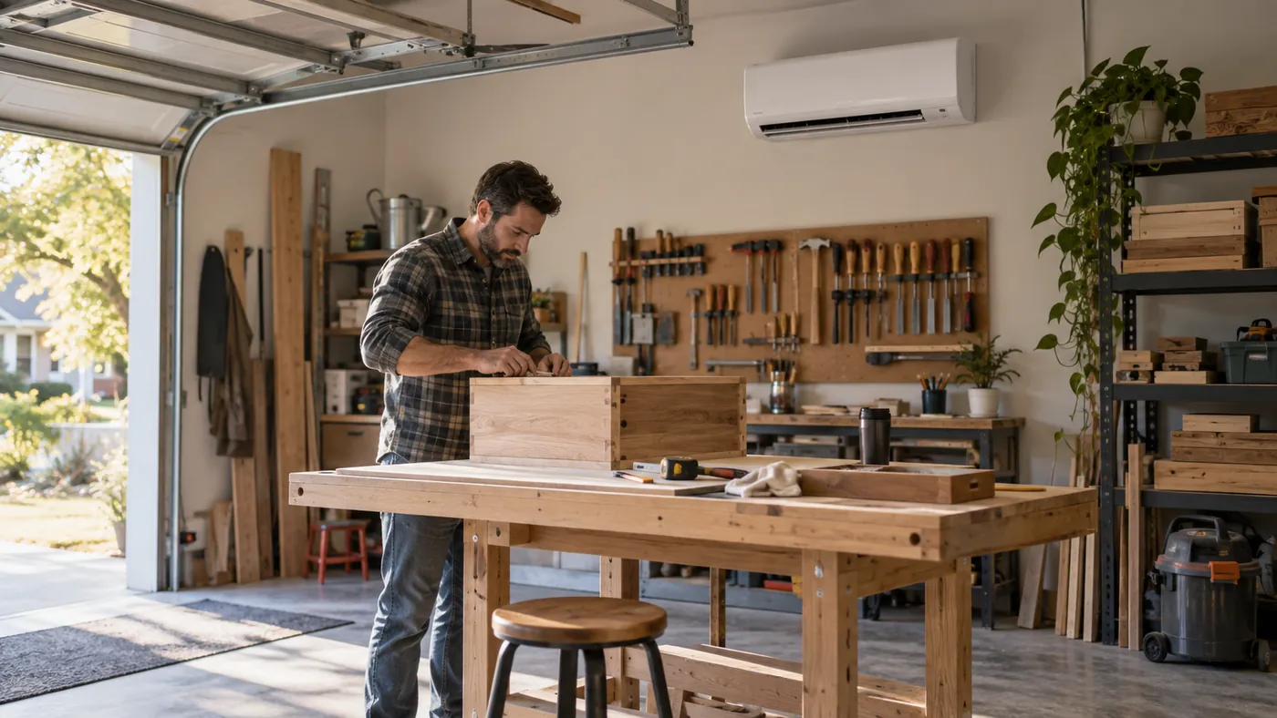 A mini-split in a practical American garage workshop
