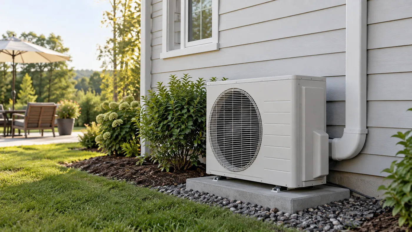 A residential mini-split outdoor unit beside US siding