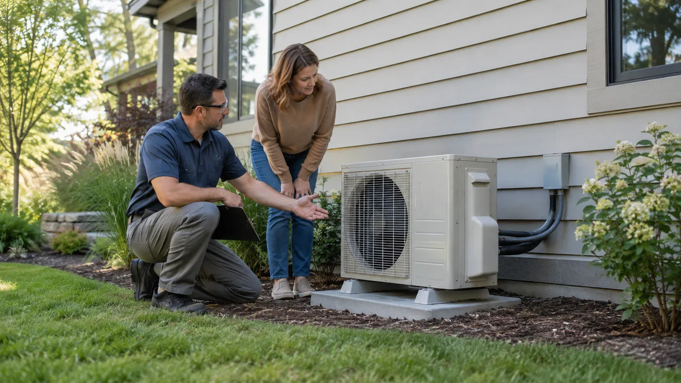 A US HVAC technician checking a residential installation